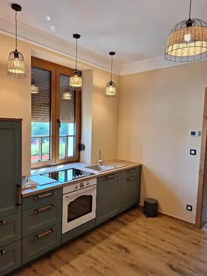 a large kitchen with a sink and a stove at Vila Trate in Križevci pri Ljutomeru