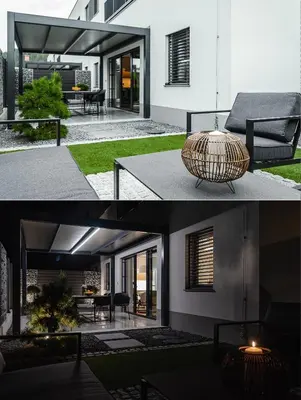 two views of a house with a large bowl in the yard at Apartma Vila Center LUX in Slovenj Gradec