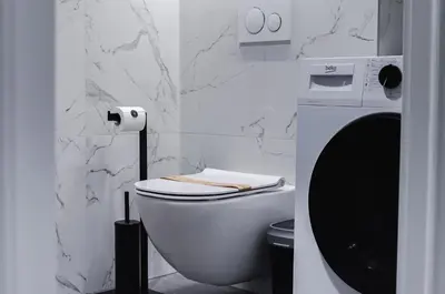 a bathroom with a toilet and a washing machine at Apartma Vila Center LUX in Slovenj Gradec