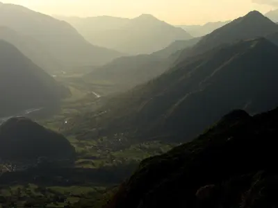an aerial view of a valley in the mountains at Apartment Mars in Bovec