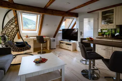 a living room with a table and chairs and a tv at Panorama in Bohinj