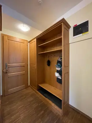 a walk in closet with wooden cabinets and a door at Apartments Vršič with beautiful views on the Mountains with free parking in Kranjska Gora