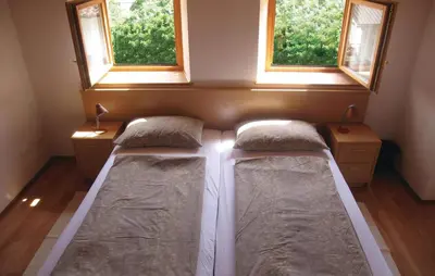 two beds in a small room with two windows at 3 Bedroom Amazing Home In Tolmin in Tolmin