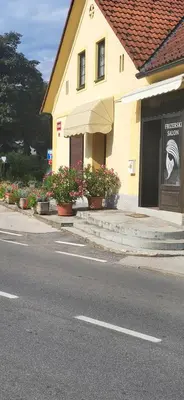 a building with potted plants on the side of a street at Soba Kolovrat in Straža