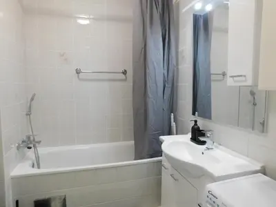 a bathroom with a sink and a tub and a toilet and a mirror at Elegant Apartment Poklukarjeva Street in Ljubljana