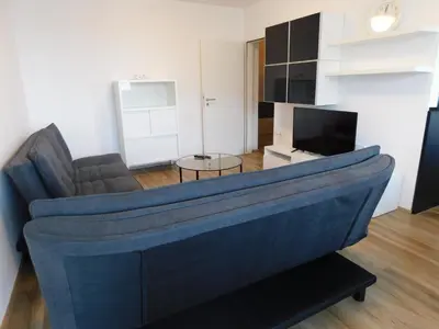 a living room with a blue couch and a television at Elegant Apartment Poklukarjeva Street in Ljubljana