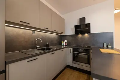 a kitchen with white cabinets and a sink and a stove at Styria Estate, near Terme Olimia Spa Resort in Podplat