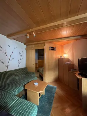 a living room with a green couch and a table at Little King - Feel like at home in Kranjska Gora