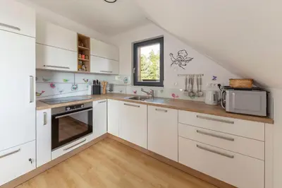 a kitchen with white cabinets and a window at Apartments Nikolaj in Preddvor