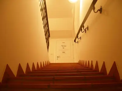 a stairway leading up to a door in a building at House Trta in Ljubljana