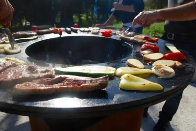 a table with meat and vegetables on a grill at Country House Trata in Kranjska Gora