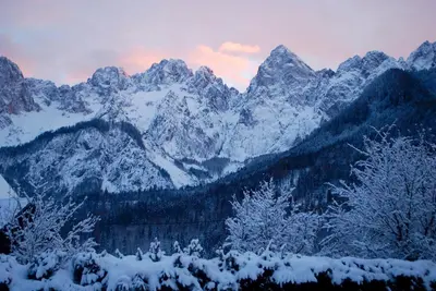 a snow covered mountain range with trees and mountains at Country House Trata in Kranjska Gora