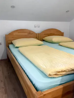 two twin beds in a room with twoinylinylinylinylinylinyl at Apartments Sončnica in Moravske Toplice