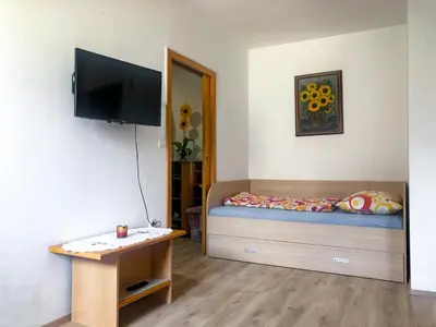 a bedroom with a bed and a television on a wall at Apartments Sončnica in Moravske Toplice