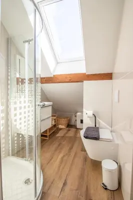 a skylight in a bathroom with a shower and a bath tub at BLED LAKE HOUSE - Apartment SKY in Bled