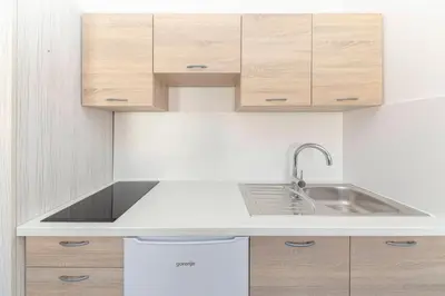 a kitchen with a sink and wooden cabinets at RM Roma Studio in Celje