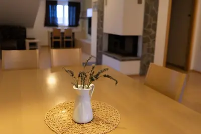 a vase with flowers sitting on a table at Apartmajska hiša Breza in Ribnica na Pohorju