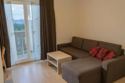 a living room with a couch and a table at Apartmajska hiša Breza in Ribnica na Pohorju