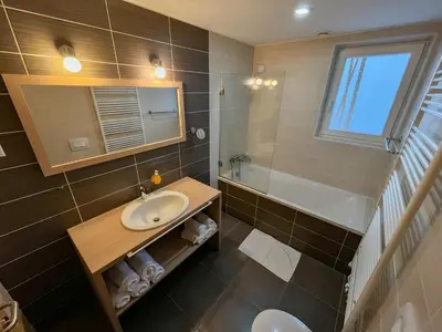 a bathroom with a sink and a toilet and a tub at Apartmajska hiša Breza in Ribnica na Pohorju