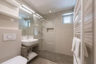 a bathroom with a sink and a toilet and a shower at Apartments Poklukar in Bled