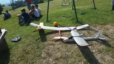 a toy airplane sitting on the grass in a field at Guest house Pr Ambružarju & Apartments in Cerklje na Gorenjskem