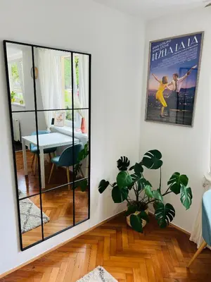 a living room with a potted plant and a mirror at Paula’s cosy place in the center of Ljubljana in Ljubljana
