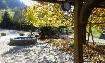 a man standing under a tree with a clock at Guest House Kveder in Škofja Loka