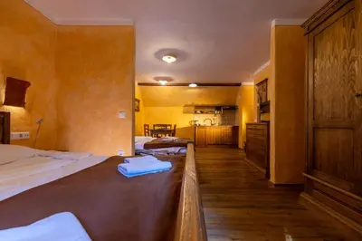 a hotel room with two beds and a kitchen at Pomona Relaxing Nature Guest House in Rogaška Slatina