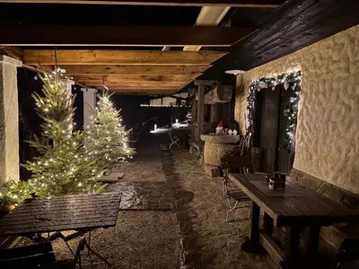 a room with a christmas tree and tables and benches at Pomona Relaxing Nature Guest House in Rogaška Slatina