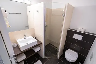 a bathroom with a shower and a sink and a toilet at City Hotel Krško in Krško