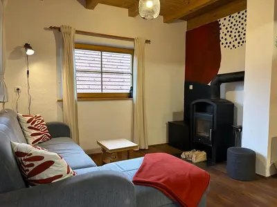 a living room with a couch and a fireplace at A View to a Hill in Sveti Florijan pri Šoštanju