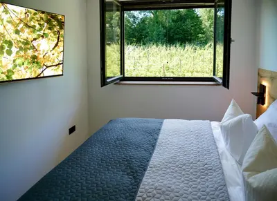 a bedroom with a bed and two windows at Posestvo Gjerkeš in Rogašovci