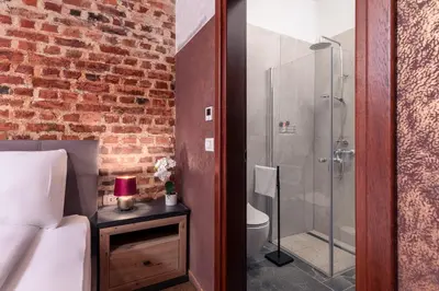 a bathroom with a shower and a bed and a toilet at Villa Sofija in Ljubljana
