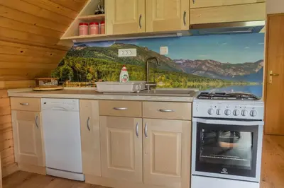 a kitchen with a sink and a mountain mural on the wall at Apartments Štros in Bohinj