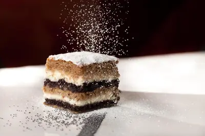 a piece of cake with powdered sugar on a white plate at Guest House Tara in Moravske Toplice