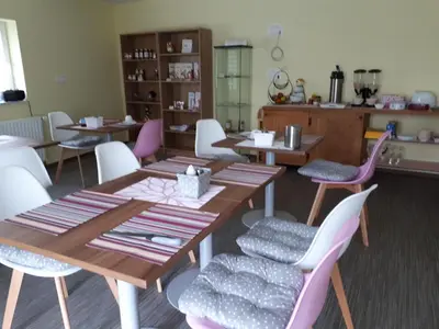 a dining room with wooden tables and chairs at Guest House Tara in Moravske Toplice