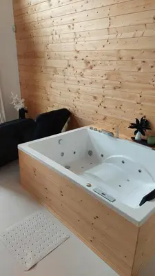 a bath tub in a room with a wooden wall at HERBALIJA Apartment Amalija - in the embrace of wellbeing in Podčetrtek