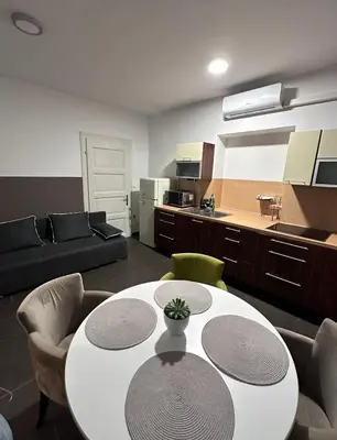 a living room with a table and chairs and a kitchen at Apartma Pekrska vila in Limbuš
