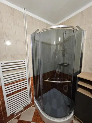 a shower with a glass door in a bathroom at Apartma Pekrska vila in Limbuš