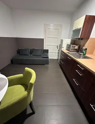 a living room with a couch and a kitchen at Apartma Pekrska vila in Limbuš