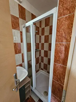 a bathroom with a shower with a toilet and a sink at soba v Pekrski vili in Limbuš