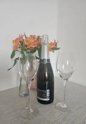 a bottle of wine and two wine glasses on a table at soba v Pekrski vili in Limbuš