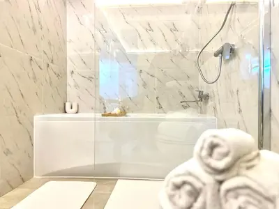 a white bathroom with a shower and a toilet at Ground Floor Apt with a Pool and Terrace in Pesnica pri Mariboru