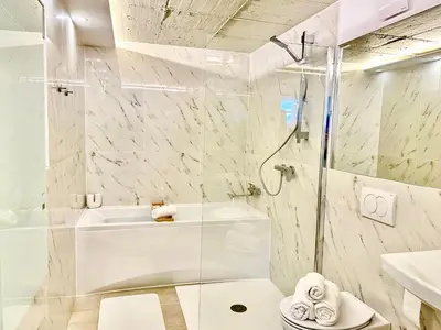 a bathroom with a shower and a tub and a sink at Ground Floor Apt with a Pool and Terrace in Pesnica pri Mariboru