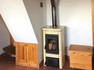 a stove and a wooden cabinet in a room at Vineyard Cottage Janko & Metka in Otočec