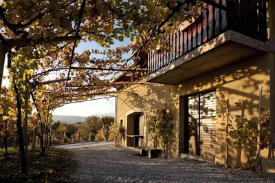 a building with a balcony on the side of a road at Vineyard Cottage Brodaric in Metlika