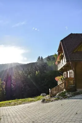a house on a hill with the sun in the background at Apartments Petek in Gornji Grad