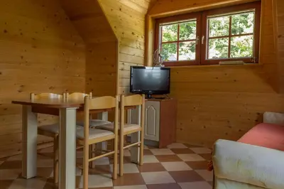 a room with a table and a tv in a cabin at Apartments Petek in Gornji Grad