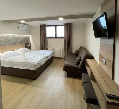 a hotel room with a bed and a couch at Hotel Roškar in Ptuj