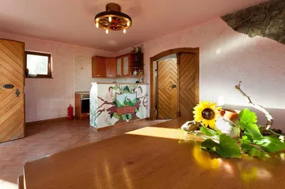a kitchen with a table with a sunflower on it at Vineyard Cottage Lustek in Novo Mesto
